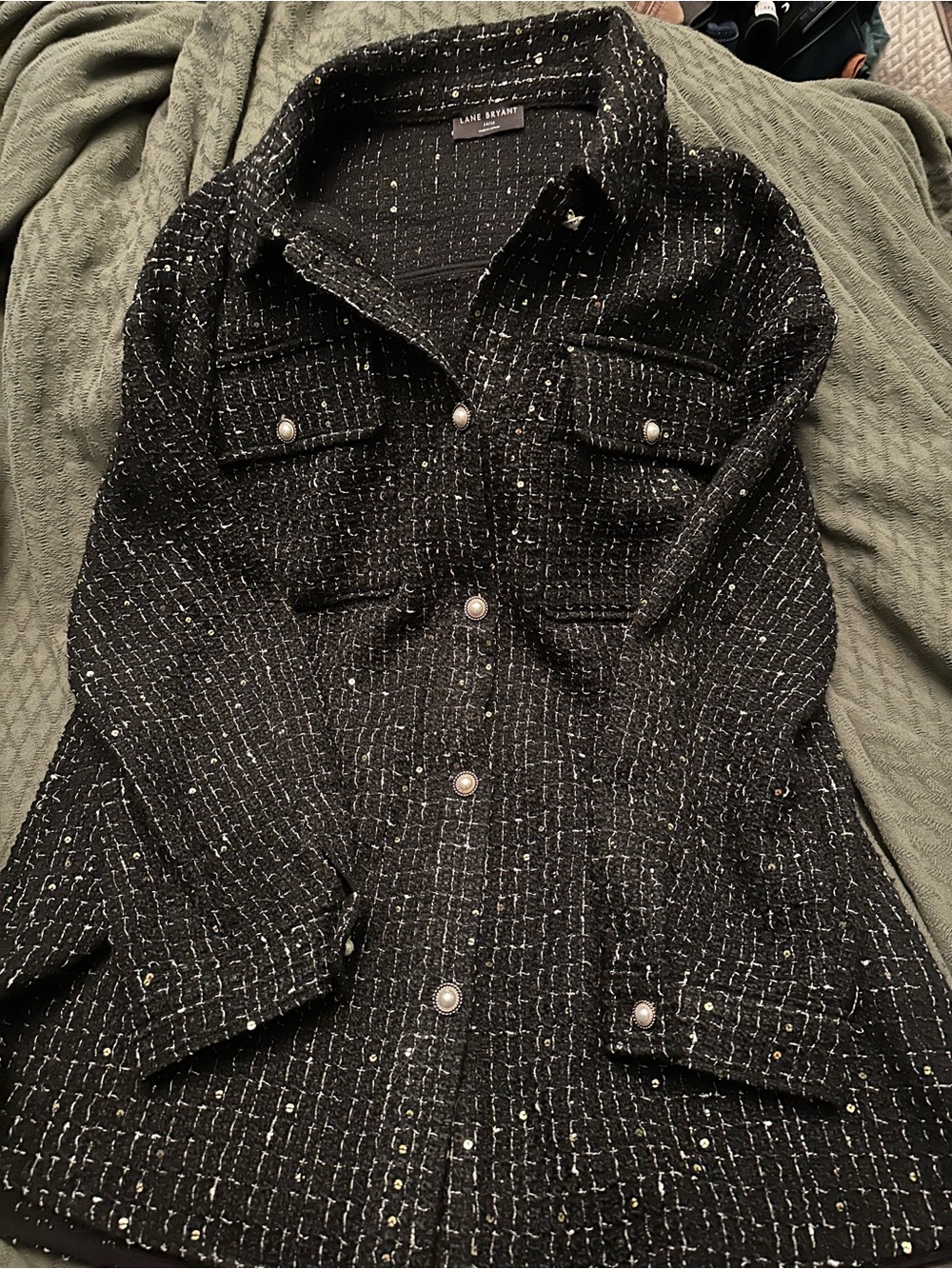 Lane Bryant Black Tweed Pearl Button-Front Peacoat with Metallic Speckle